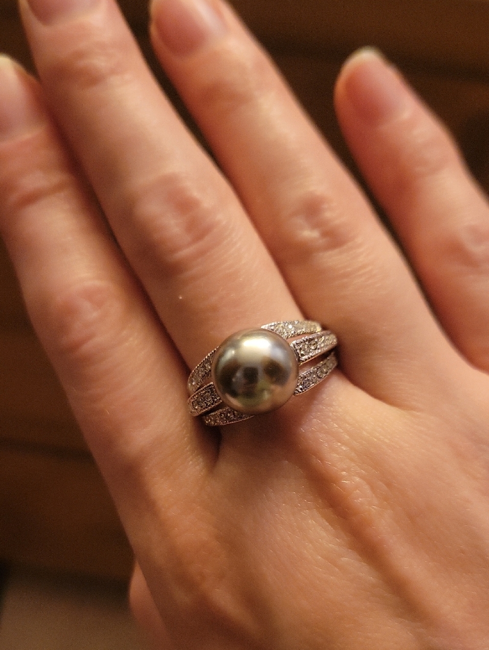 Cultured Grey Pearl and Pave Ring - Elegant Women's Jewelry